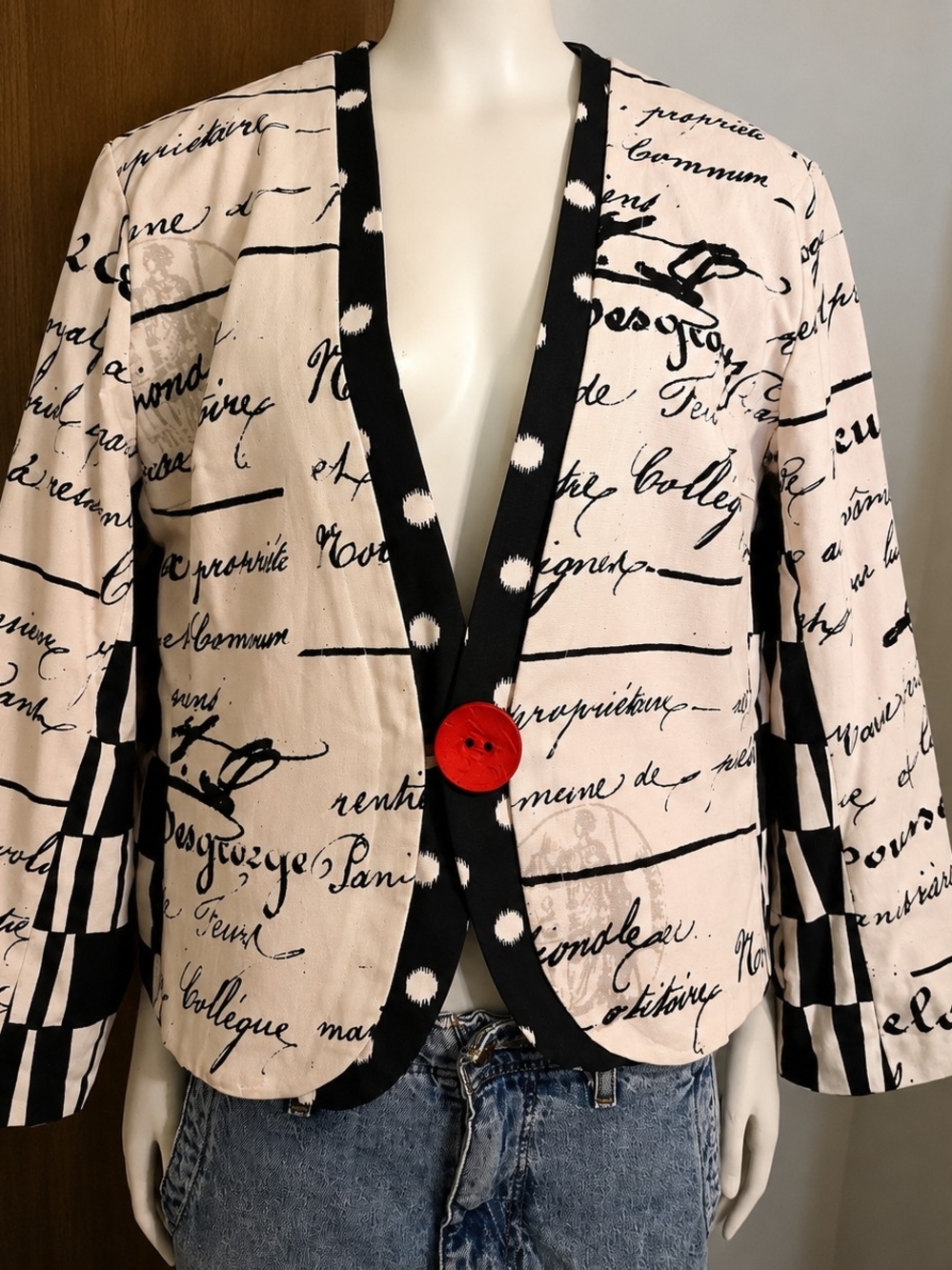 Frexy’s Women’s Statement Blazer French Script Polka Dot Jacket M